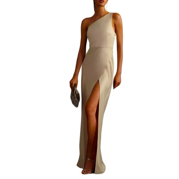 BHLDN Dresses & Skirts - BHLDN Anthropologie Dylan One-Shoulder Satin Side-Slit Gown - Champagne - Size 4